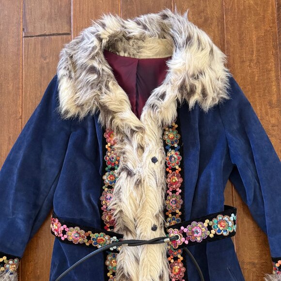 Vintage Bohemian Penny Lane Embroidered Blue Suede Long Coat - Picture 3 of 8